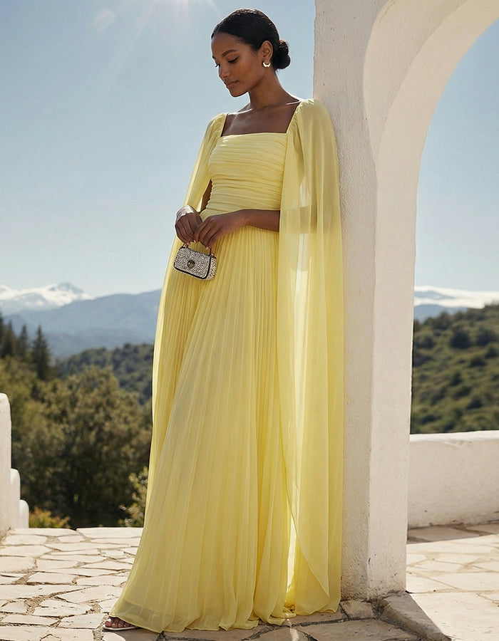 Light Yellow Square Neck Cape Sleeve Pleated Chiffon Maxi Dress