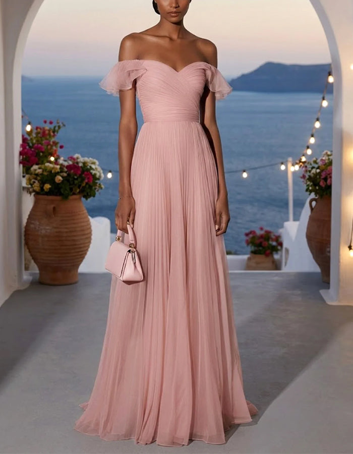 Pink Off Shoulder Ruffled Pleated Chiffon Maxi Dress
