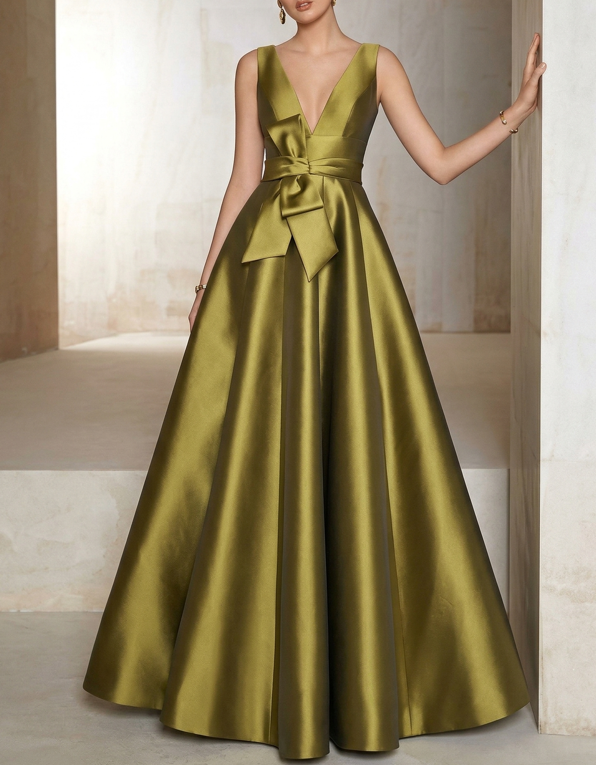Satin Sage Green V-Neck Lace A-Line Maxi Dress