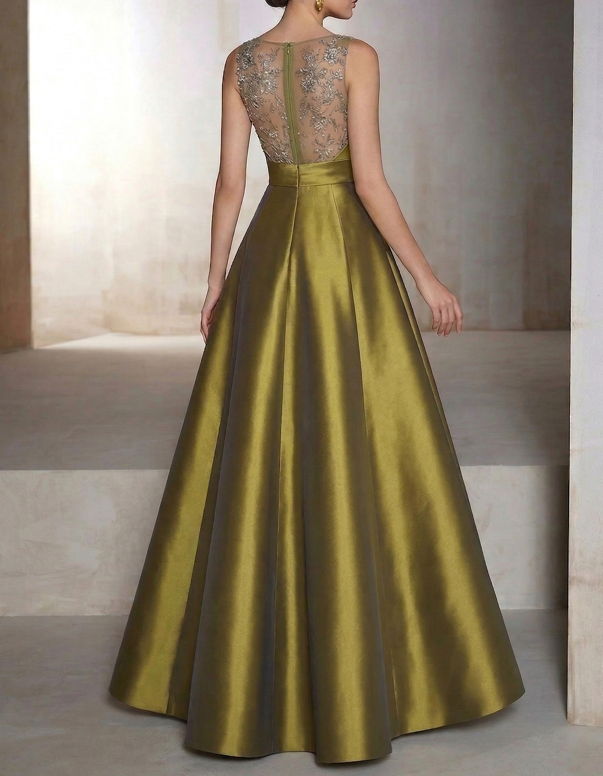 Satin Sage Green V-Neck Lace A-Line Maxi Dress