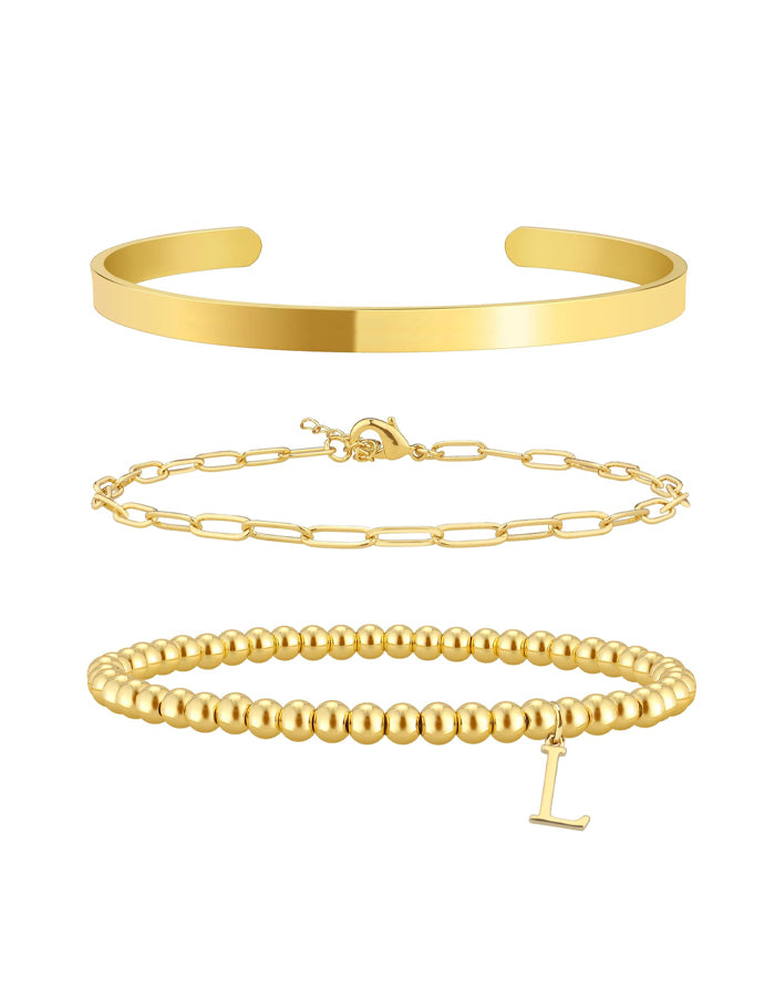 Stackable Beaded Letter Pendant Bracelet 3-Piece Set