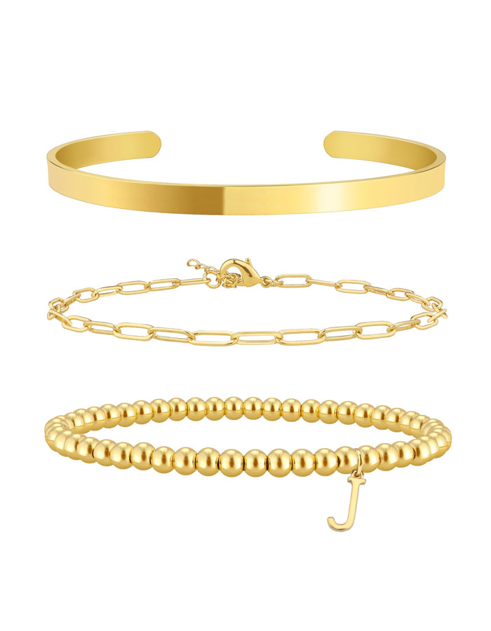 Stackable Beaded Letter Pendant Bracelet 3-Piece Set