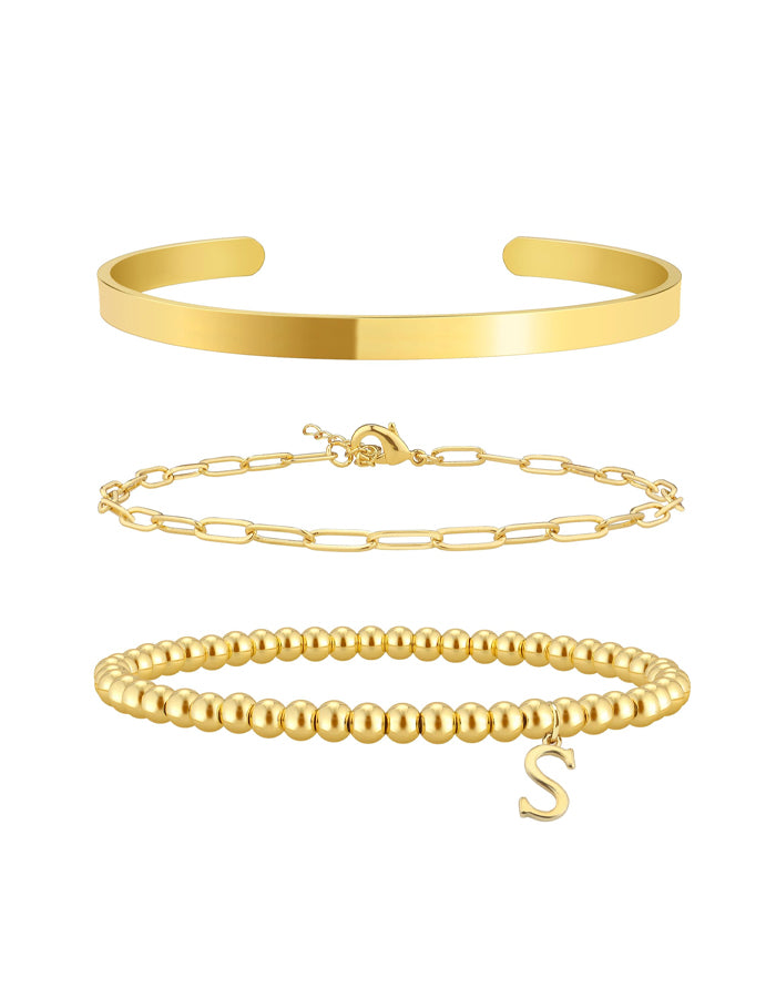 Stackable Beaded Letter Pendant Bracelet 3-Piece Set