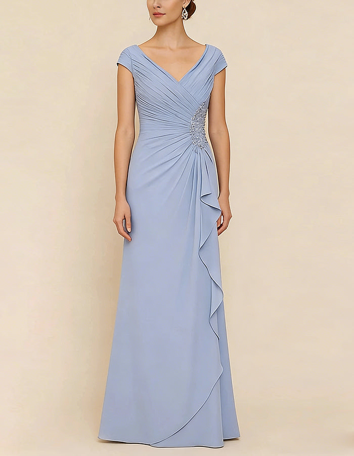 Ice Blue V-Neck With Ruffled Trim Maxi Dress