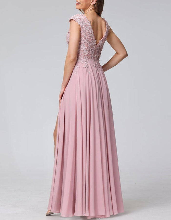 Dusty Pink Lace Chiffon Slit Maxi Dress