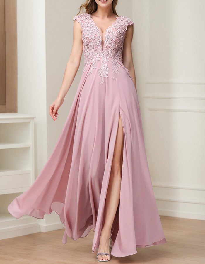 Dusty Pink Lace Chiffon Slit Maxi Dress