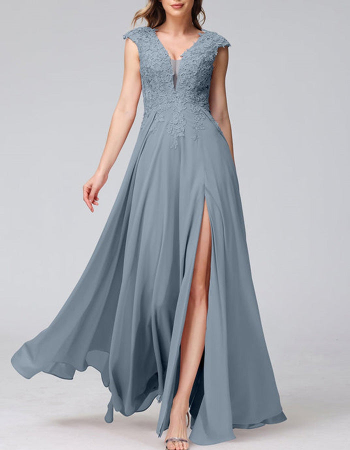 Dusty Pink Lace Chiffon Slit Maxi Dress