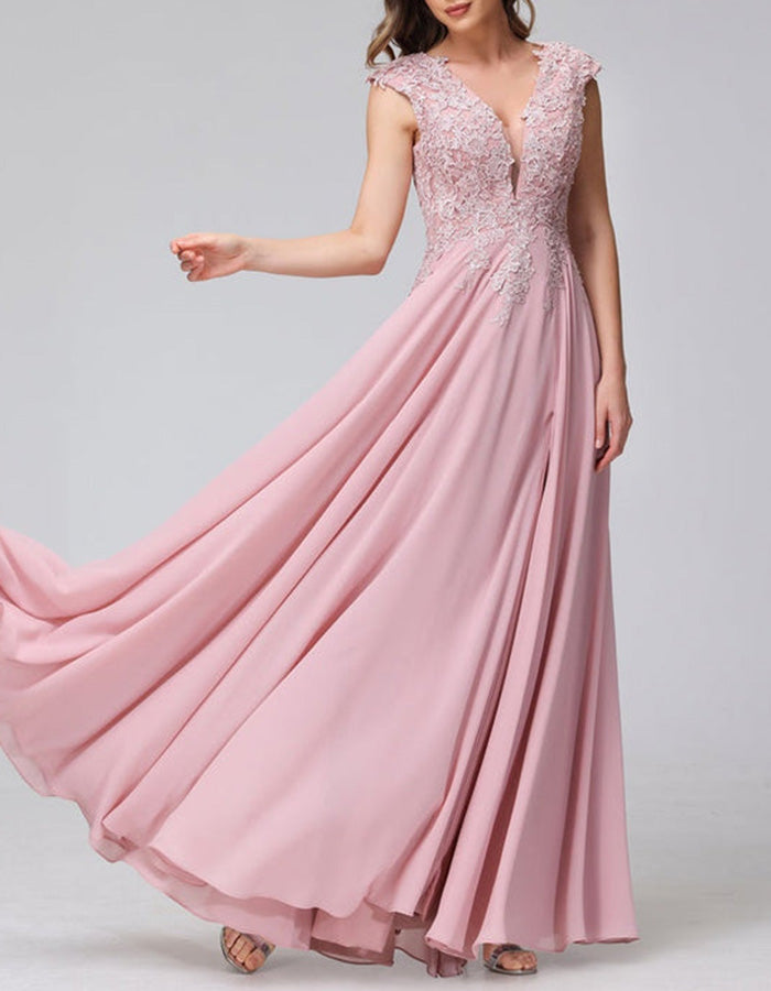 Dusty Pink Lace Chiffon Slit Maxi Dress