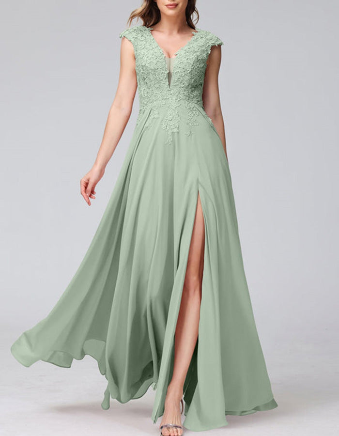 Dusty Pink Lace Chiffon Slit Maxi Dress