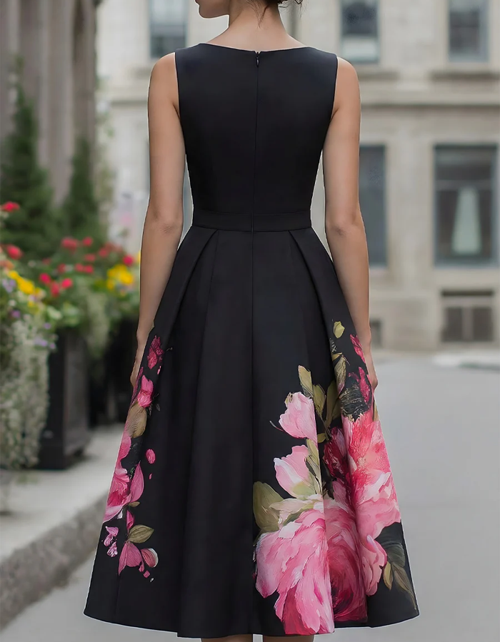Black Sleeveless Printed Midi Dress