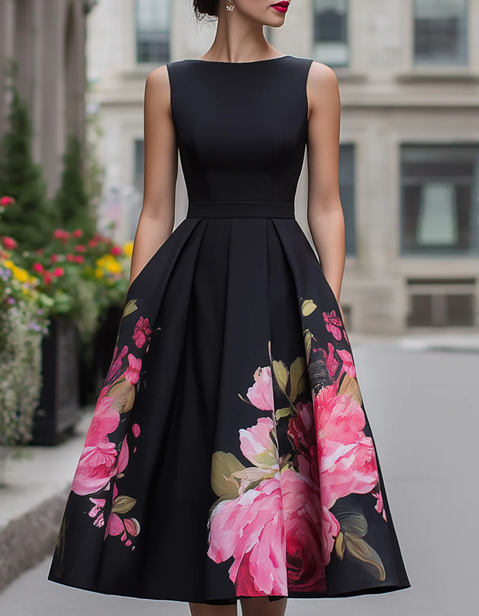 Black Sleeveless Printed Midi Dress