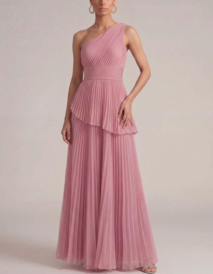 One-Shoulder Chiffon Pleated Floor-Length Maxi Dress