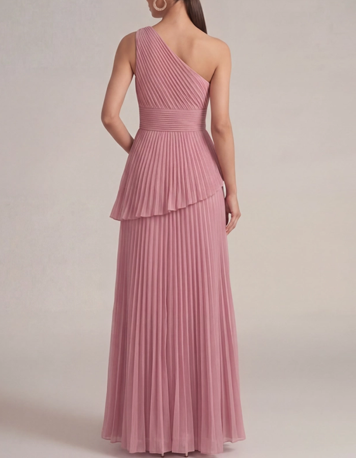 One-Shoulder Chiffon Pleated Floor-Length Maxi Dress