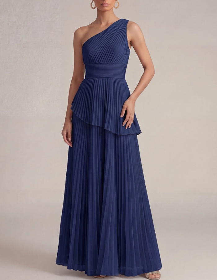 One-Shoulder Chiffon Pleated Floor-Length Maxi Dress