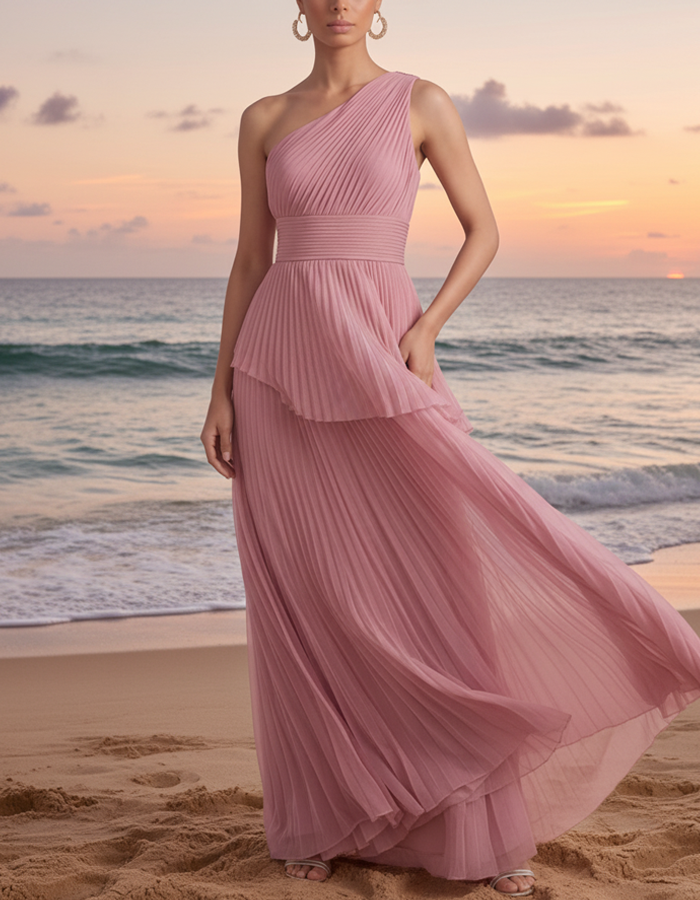 One-Shoulder Chiffon Pleated Floor-Length Maxi Dress