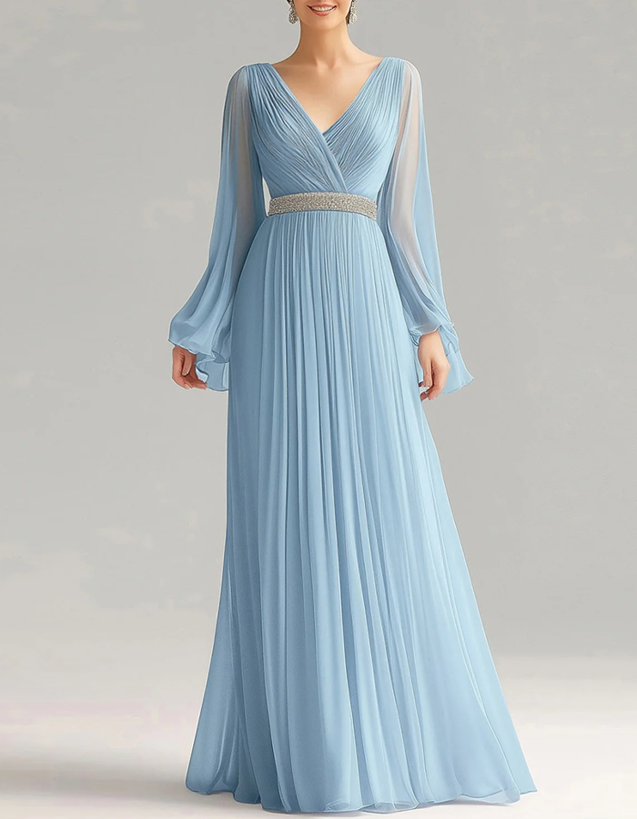 Vestido largo de chifón plisado azul cielo con manga larga hasta el suelo