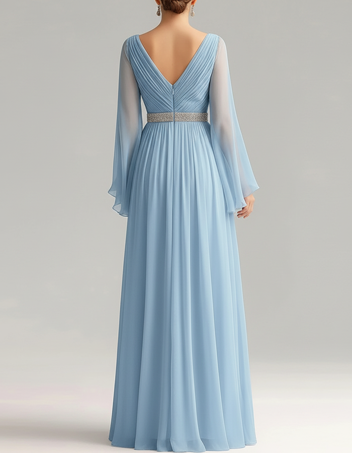 Sky Blue Pleated Chiffon Long-Sleeve Floor-Length Maxi Dress