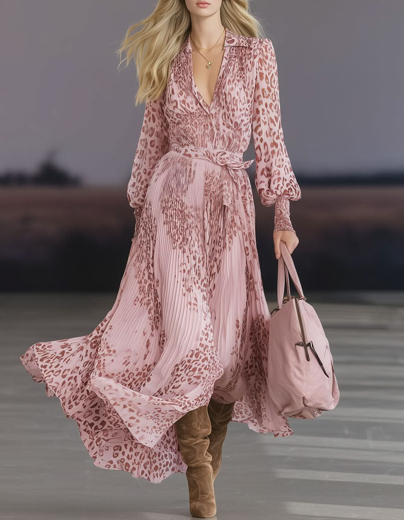 Chiffon Pink Leopard Print Shirt V-Neck Tie Maxi Dress