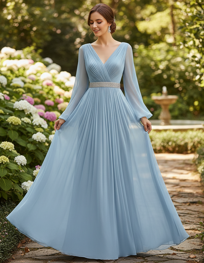 Sky Blue Pleated Chiffon Long-Sleeve Floor-Length Maxi Dress
