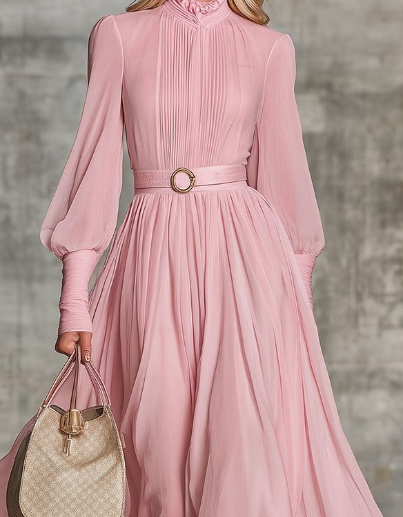 Pink Chiffon Puff Sleeve Fitted Waist Shirt Maxi Dress