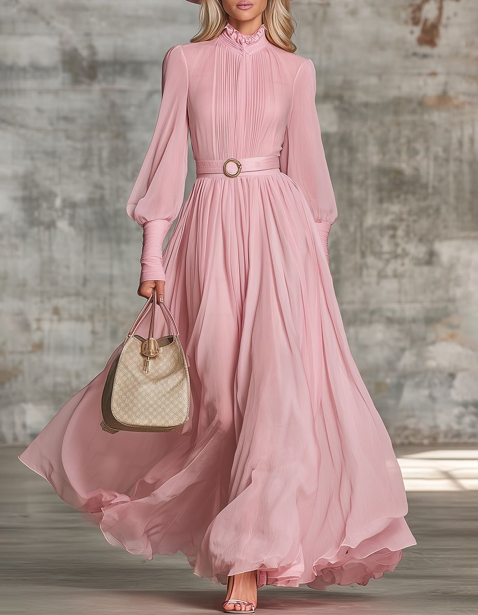 Pink Chiffon Puff Sleeve Fitted Waist Shirt Maxi Dress