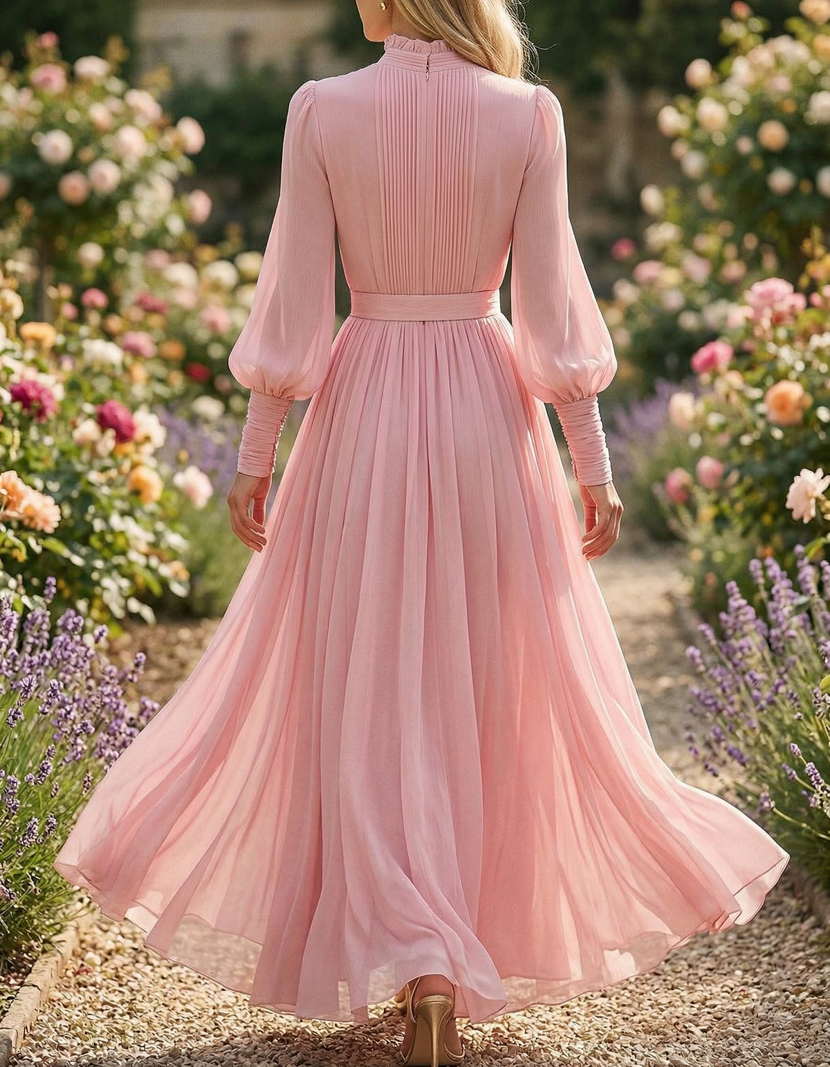 Pink Chiffon Puff Sleeve Fitted Waist Shirt Maxi Dress