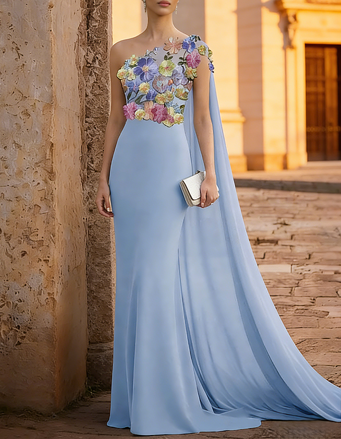 Sky Blue One-Shoulder Floral Embroidered Mermaid Maxi Dress