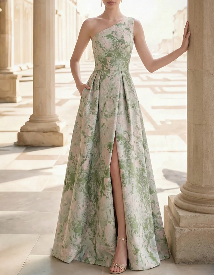 Green & Blush Floral One-Shoulder Maxi Dress