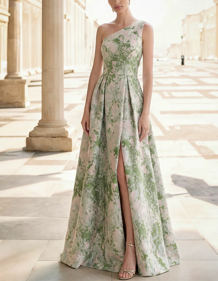 Green & Blush Floral One-Shoulder Maxi Dress