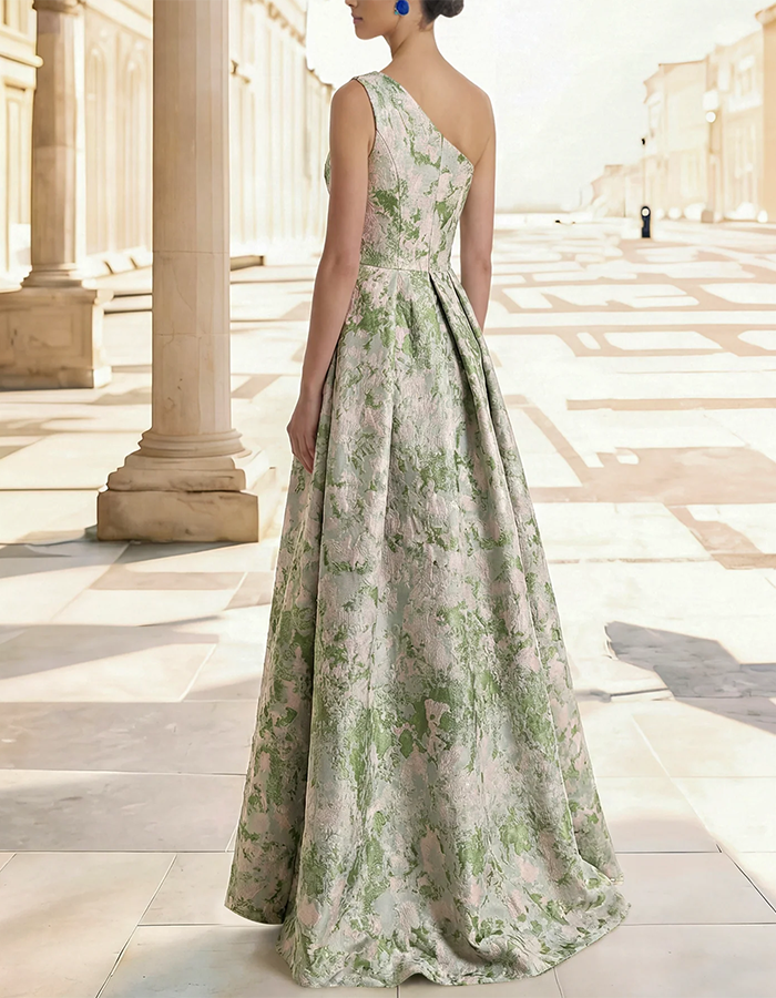Green & Blush Floral One-Shoulder Maxi Dress