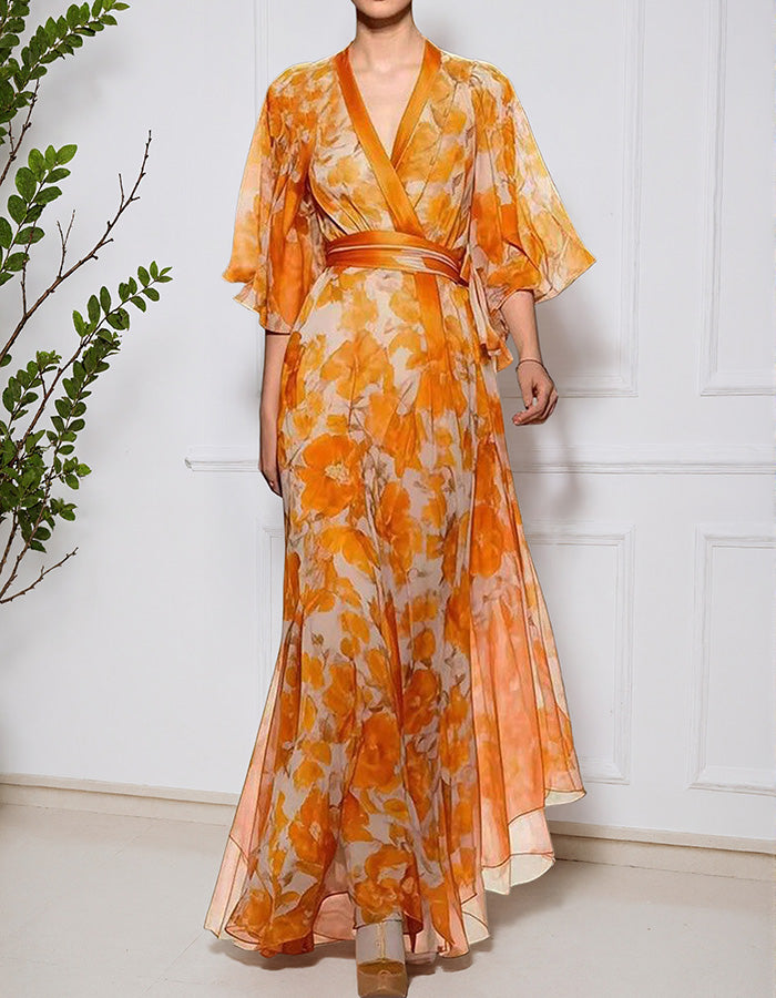 Orange Floral Chiffon Wrap Maxi Dress