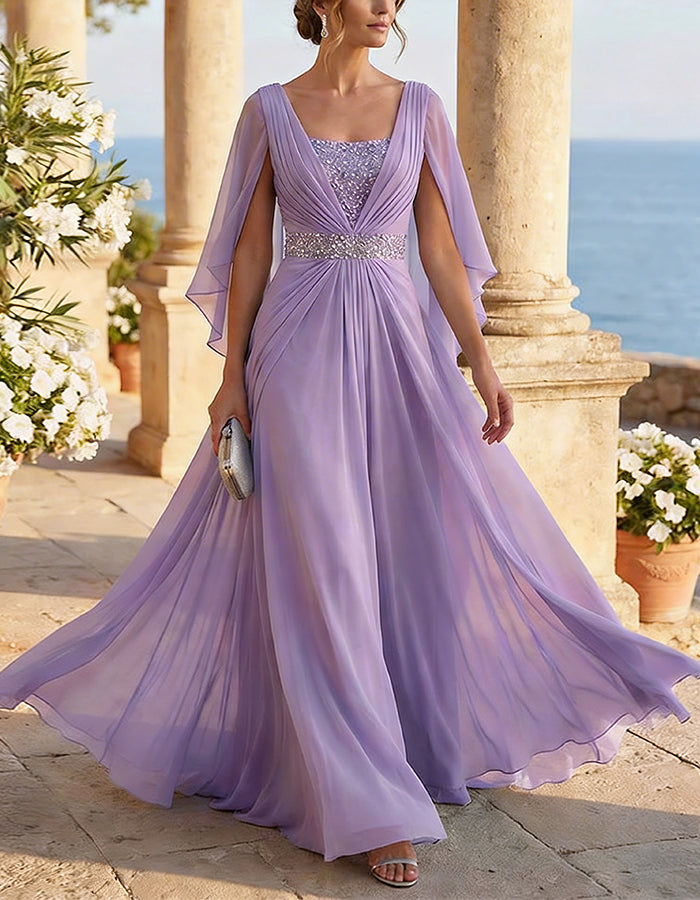 Vestido largo de gasa azul hielo con mangas de capa