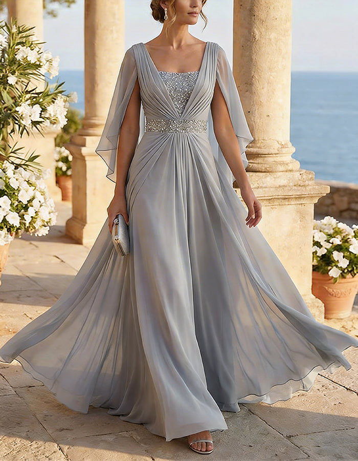 ladies short evening dresses Pleated Chiffon Sleeve Dress