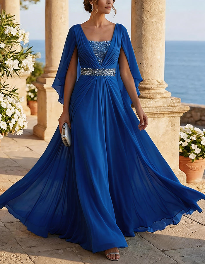 Vestido largo de gasa azul hielo con mangas de capa