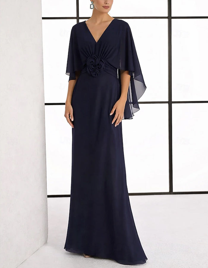 Light Pink V-Neck Cape Sleeves With 3D Flowers Maxi Dress