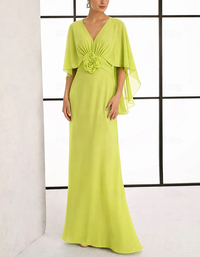 Light Pink V-Neck Cape Sleeves With 3D Flowers Maxi Dress