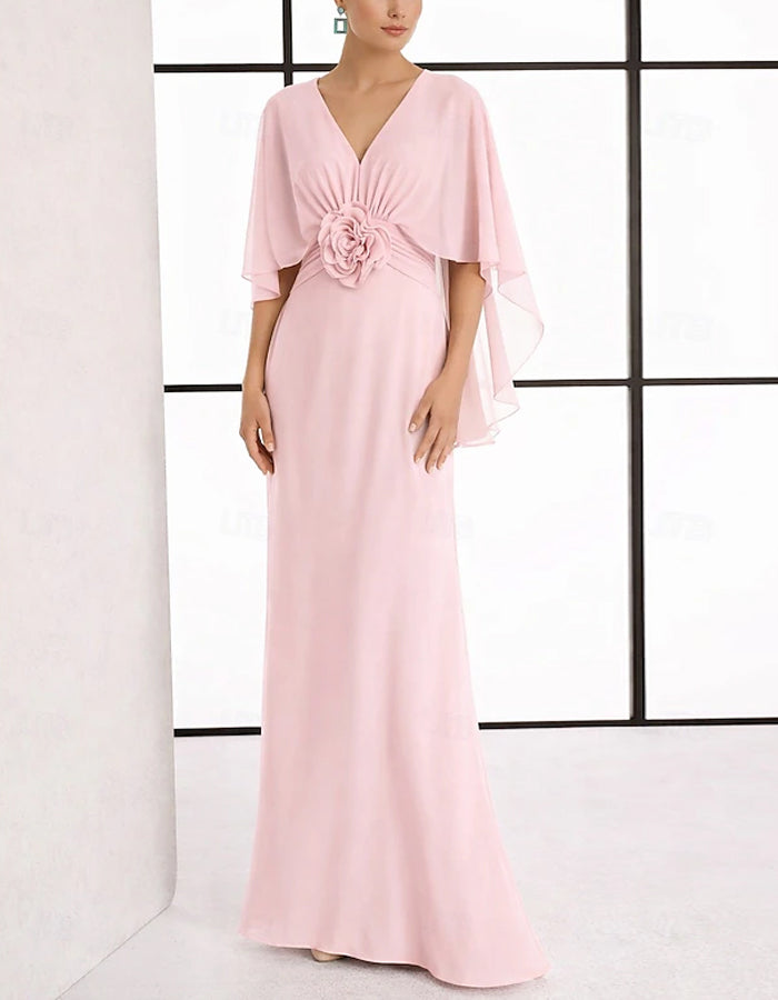 Light Pink V-Neck Cape Sleeves With 3D Flowers Maxi Dress