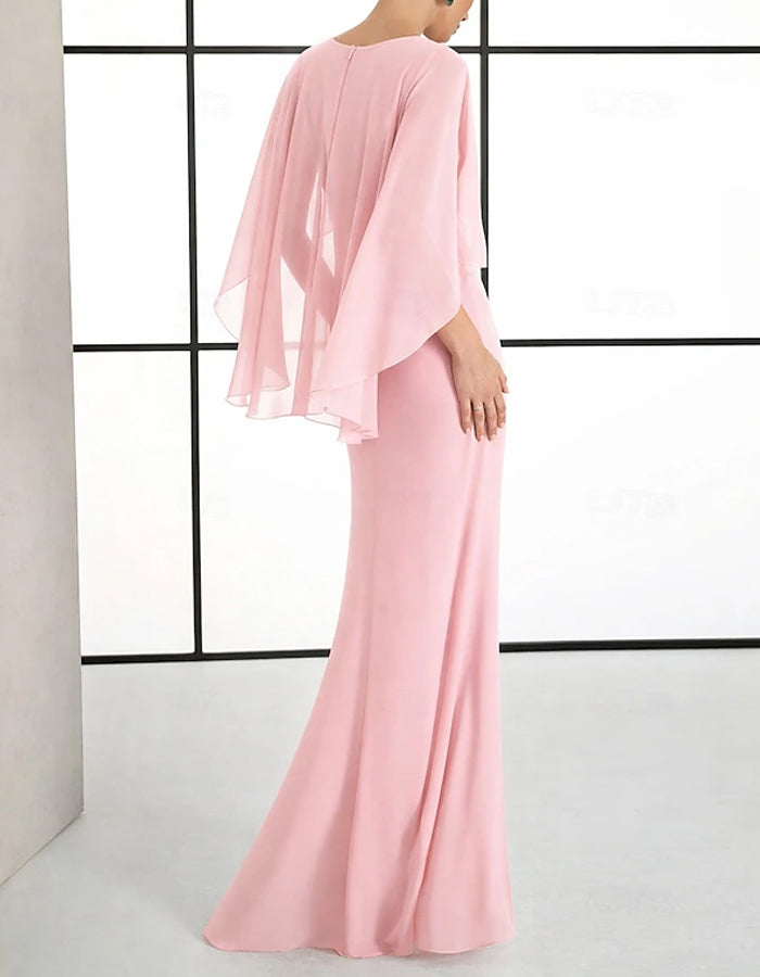 Light Pink V-Neck Cape Sleeves With 3D Flowers Maxi Dress