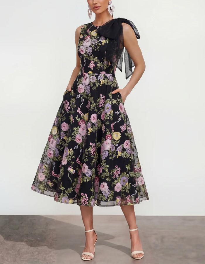 Black With Colorful Flowers And Sleeveless Bow Maxi Dress