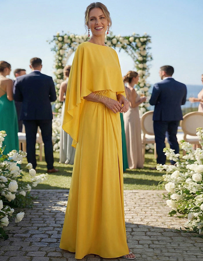 Yellow Cape-sleeved Feather Slit Maxi Dress