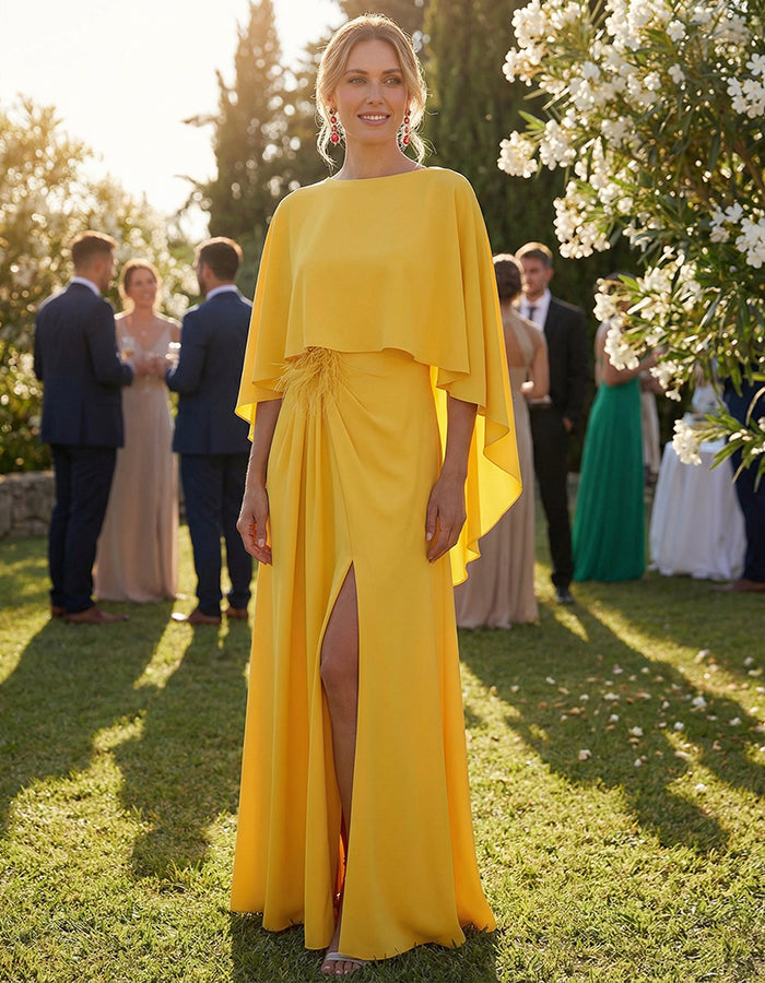 Yellow Cape-sleeved Feather Slit Maxi Dress