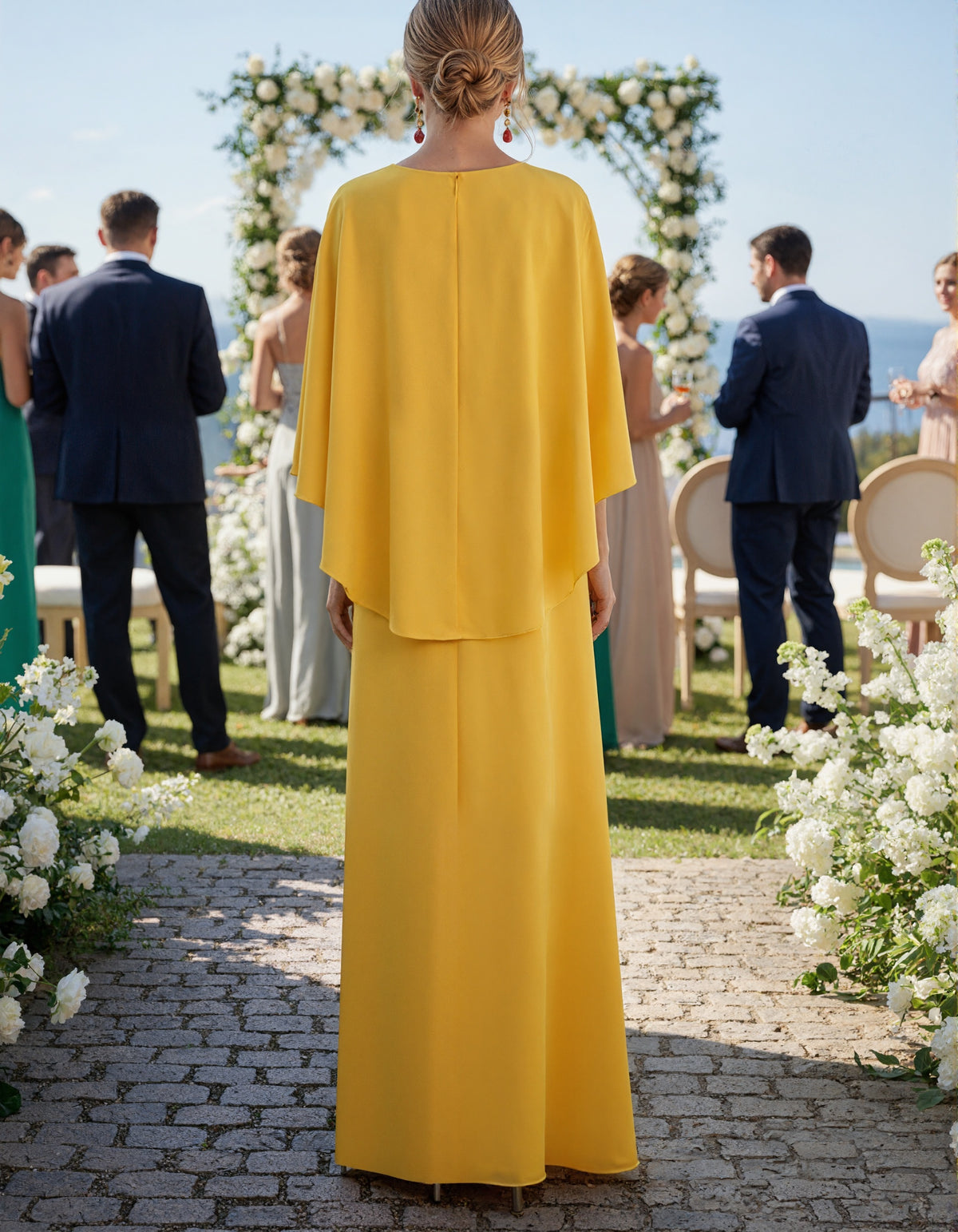 Yellow Cape-sleeved Feather Slit Maxi Dress