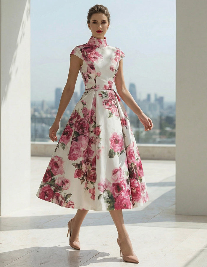 White Base With Rose Red Stand Up Collar Midi Dress