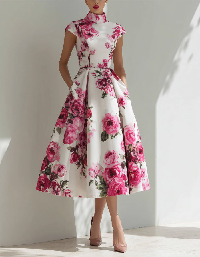 White Base With Rose Red Stand Up Collar Midi Dress