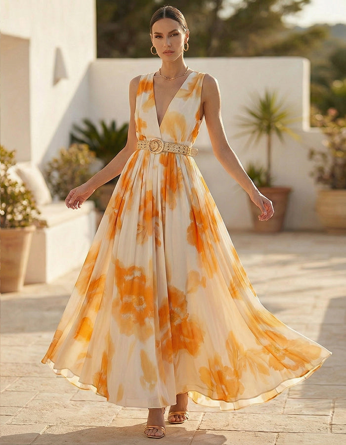 Orange And White Floral Sleeveless Deep V Maxi Dress