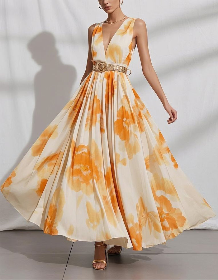 Orange And White Floral Sleeveless Deep V Maxi Dress