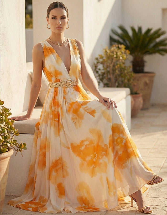 Orange And White Floral Sleeveless Deep V Maxi Dress