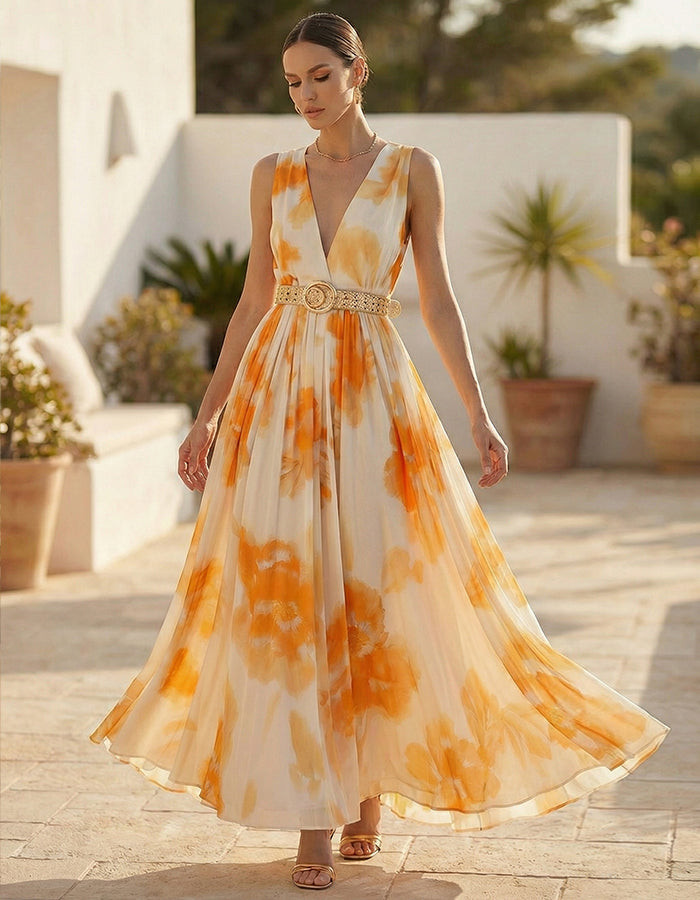 Orange And White Floral Sleeveless Deep V Maxi Dress