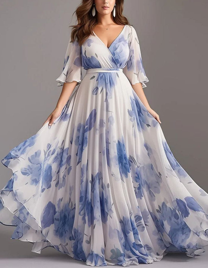 Blue And White Ink-wash Floral V-Neck With Ruffled Sleeves Maxi Dress