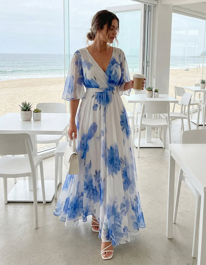 Blue And White Ink-wash Floral V-Neck With Ruffled Sleeves Maxi Dress